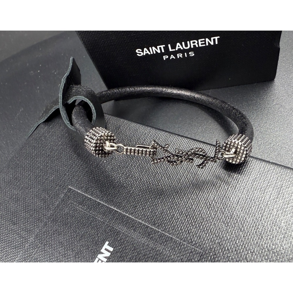NWT YSL Saint Laurent Logo‎ Opyum Metal and Leather Black Bracelet Size S